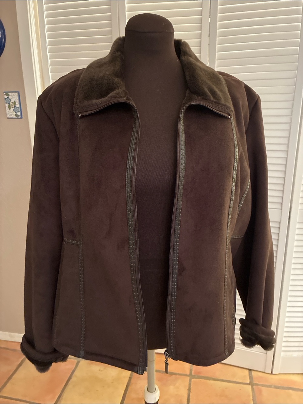 Dennis Basso Brown Faux Suede Jacket with Plush Collar